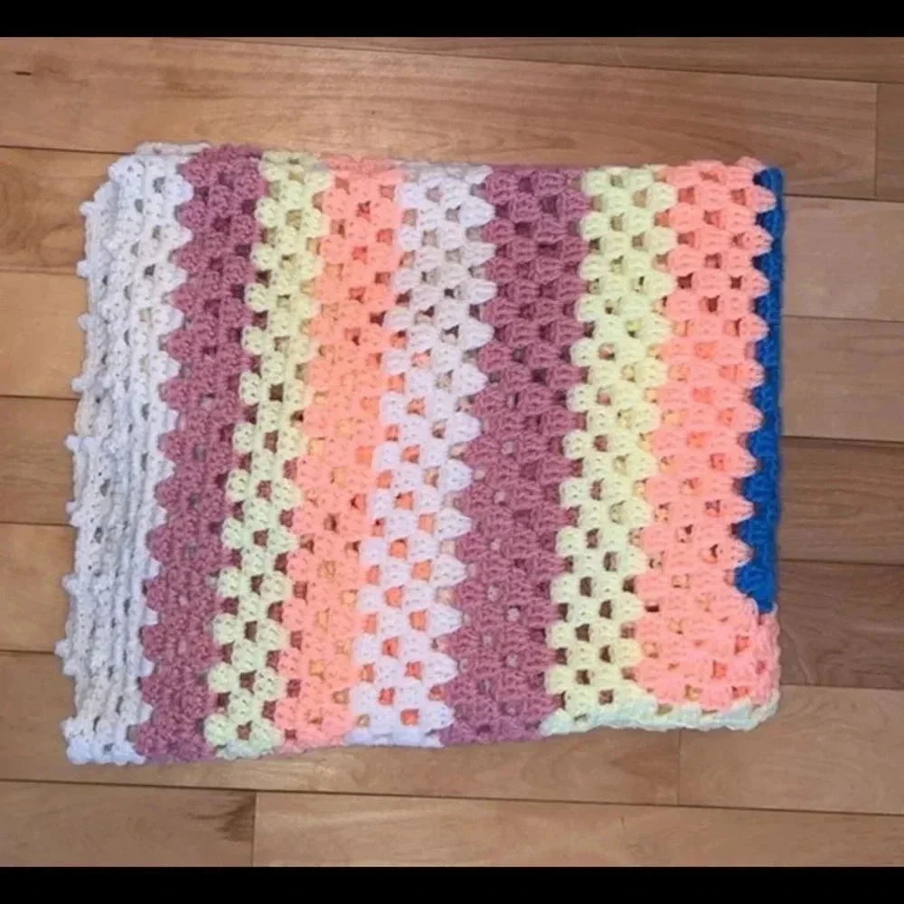 Handmade Crocheted Afghan Crib Or Lap Blanket 34x 58” Peach Purple Blue